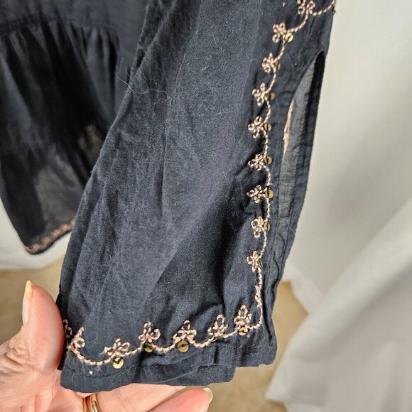 Lucky Brand  Black Embroidered Tunic Dress Medium Cotton Whimsigoth Boho Cottage - Picture 6 of 10